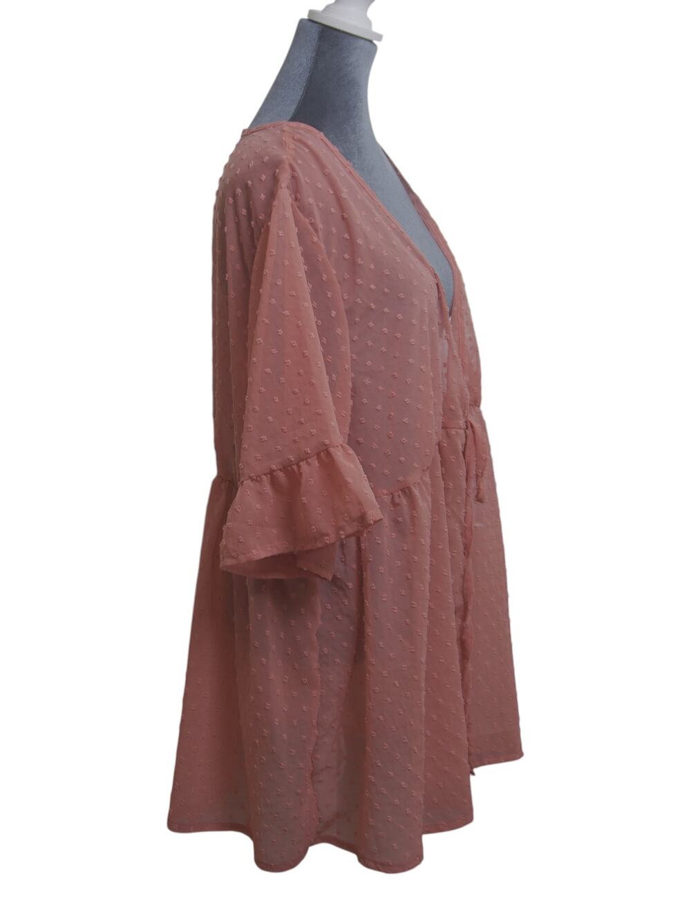 Plus Size 3XL Dusty Pink Sheer Swiss Dot Tie Front Babydoll Top